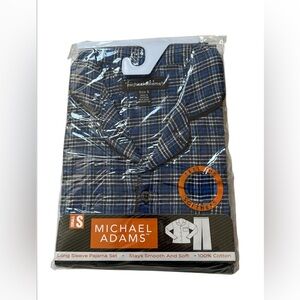 Michael Adams Blue White Black Plaid 2 Piece Flannel Pajama Set Mens Size S